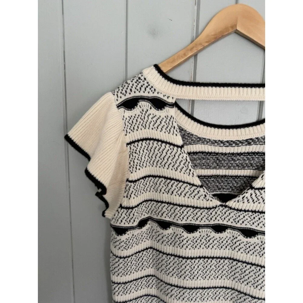 Baltic Born Herriman Knit Top 1X Black White Flutter Short Sleeves Fair Isle - Picture 6 of 7